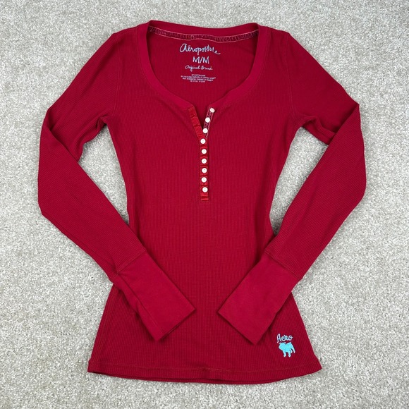 Aeropostale Tops - Aeropostale Henley Top Medium Red Waffle Knit Thermal Long Sleeve Y2K Indie Slim